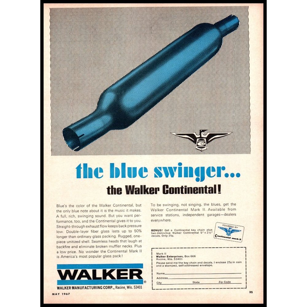 1967 Walker Continental Muffle Blue Swinger Vintage Print Ad Classic Car Art